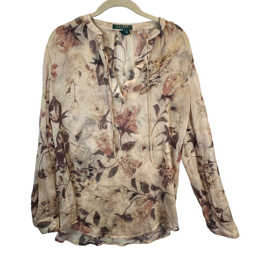 Lauren Ralph Lauren Floral Sheer Fall Blouse Tan Brown V-Neck Peasant Top